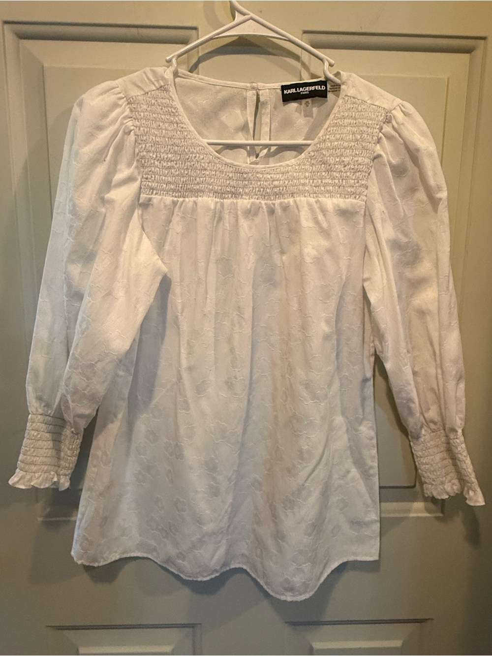 Karl Lagerfeld White Smocked Yoke Long Sleeve Blouse